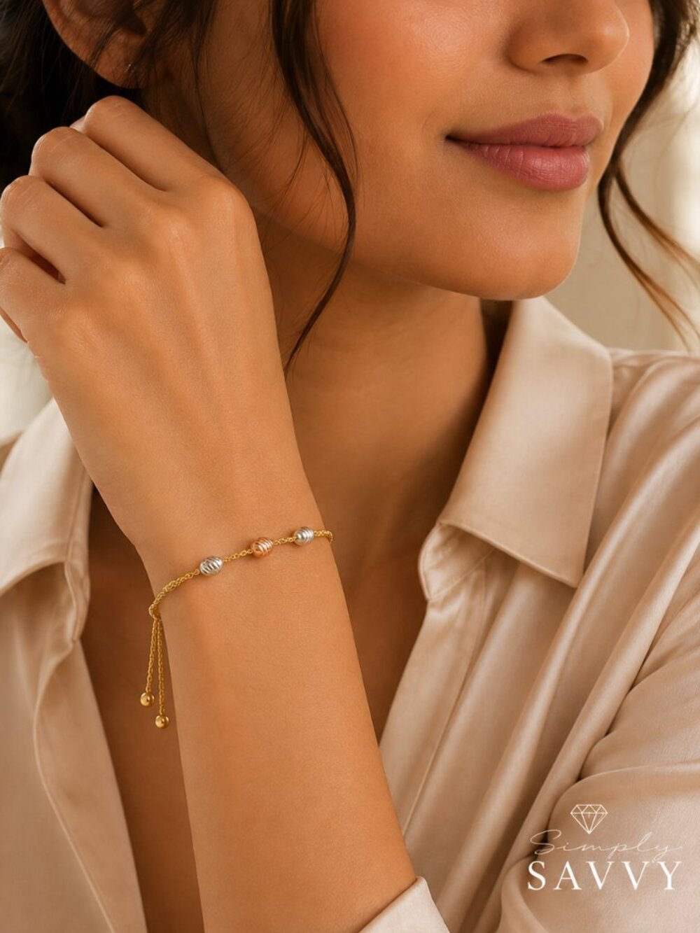 14k Tri-Color Gold Textured Oval Station Lariat Style Bracelet (1.20 mm)
